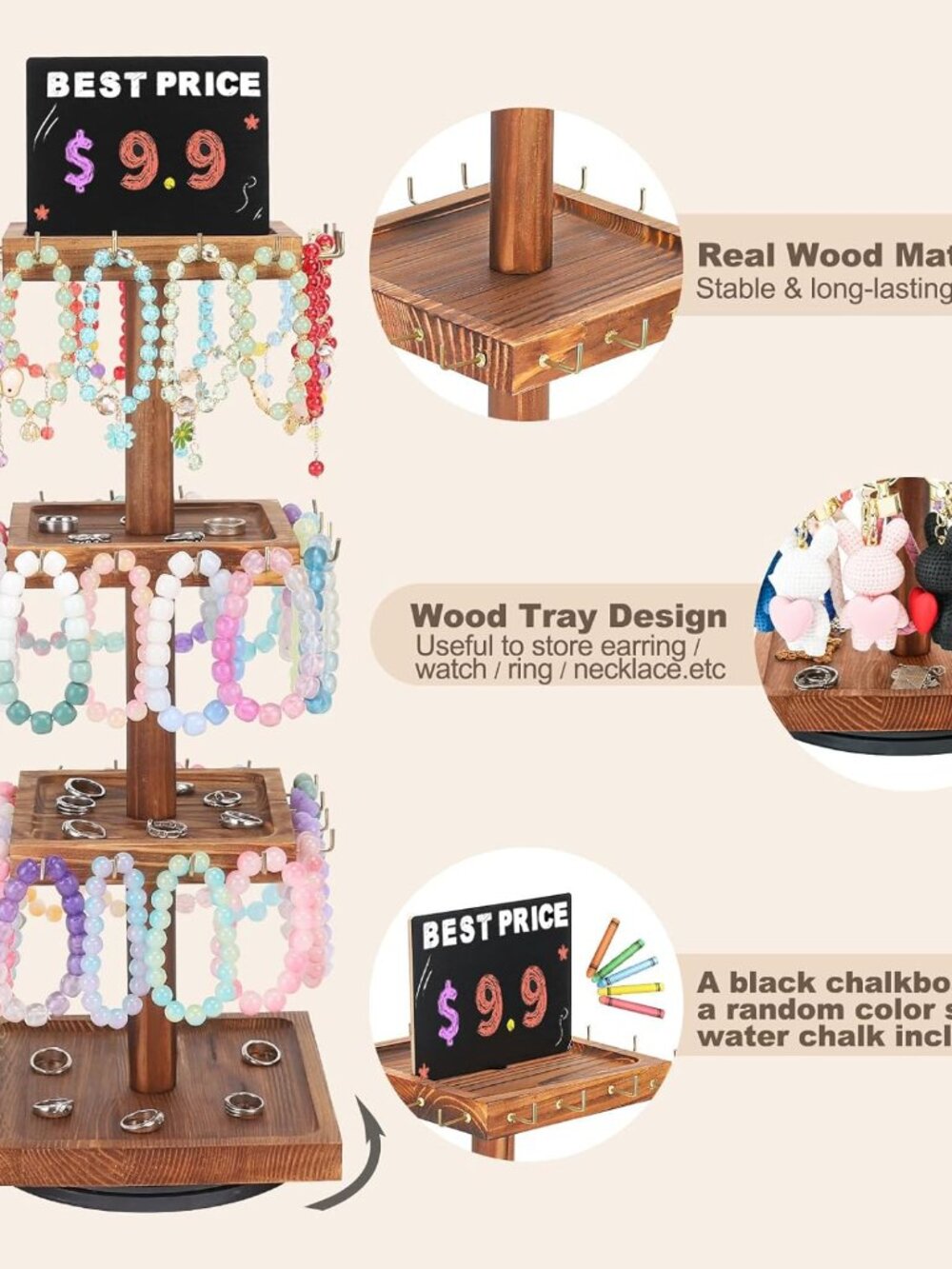 Rotating Wooden Jewelry Organizer With Large Capacity & Trays View 5